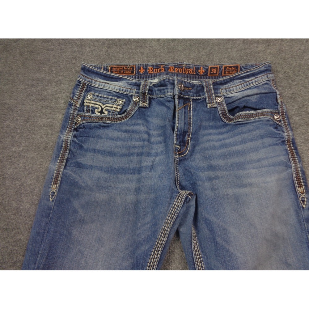 Rock Revival Jeans Mens 38 Blue Prater Straight Leg Embellished Y2K Distressed - Picture 6 of 15
